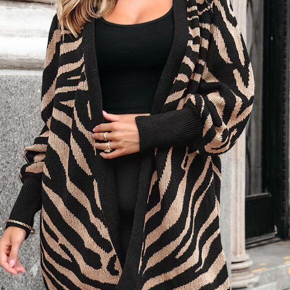 Cupshe Zebra Print Cardigan L NWT | Brown & Black Open Front Longline Sweater - Picture 5 of 6